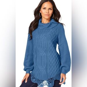 Roaman's Blue Cowl Neck Cable Knit Sweater